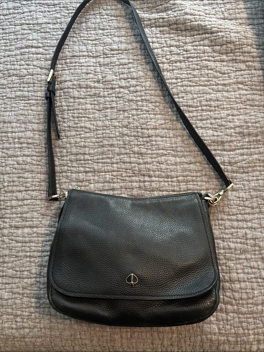 kate spade Black Pebbled Leather Crossbody with Gold Spade Detail